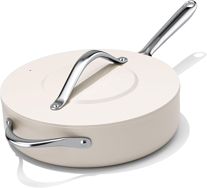 CookinCraze Nonstick Ceramic Sauté Pan with Lid (4.5 qt, 11") Deep Frying Pan for All Cooktops Non Toxic Skillet PTFE/PFOA/PFAS Free, Even Heat Distribution, Oven Safe w/Stay-Cool Handle, Cream