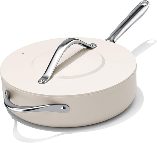 CookinCraze Nonstick Ceramic Sauté Pan with Lid (4.5 qt, 11") Deep Frying Pan for All Cooktops Non Toxic Skillet PTFE/PFOA/PFAS Free, Even Heat Distribution, Oven Safe w/Stay-Cool Handle, Cream