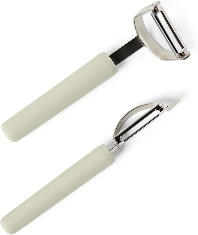 Amazon Basics Vegetable Peelers with Protective Covers, 2-Piece Set, Dishwasher-Safe, Linen Gray