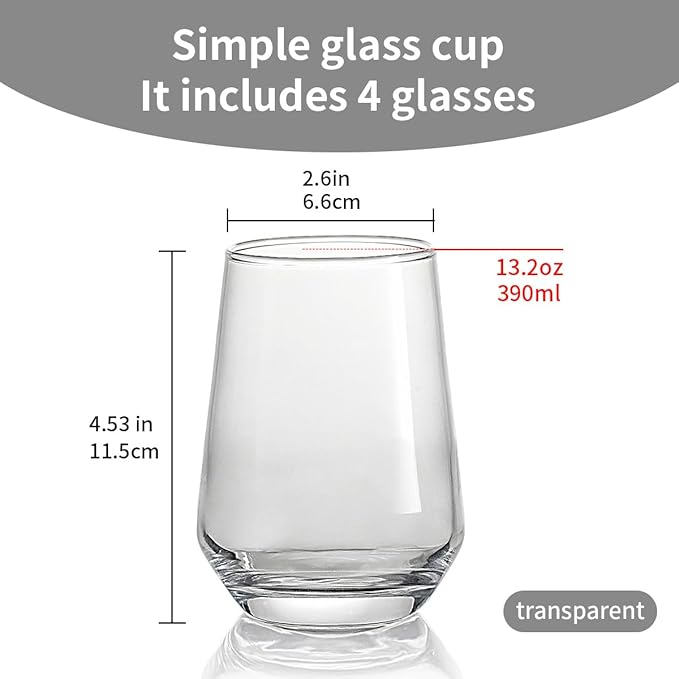 Modern Glass Drinking Cups Set, Clear Crystal Stemless Tumblers, 13.2 oz Capacity, 4.53 inch Height, 4 Pack (Transparent glass cup) Kitchen Water Iced Tea Juice Milk Beverage Glass