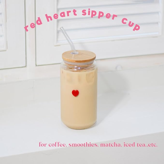 Coquette Aesthetic Glass Can Cup with Bamboo Lid and Straw, 16oz Cute Red Heart Travel Tumbler, Iced Coffee Matcha Smoothie Cup, Trendy Stuff Gifts for Women, Girl Gifts