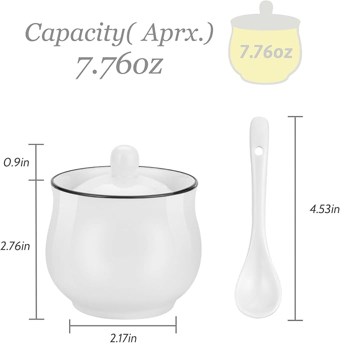 7oz Farmhouse White Ceramic Sugar Bowl with Lid and Spoon Salt Container Jar for Coffee Table Porcelain Condiment Pot for Seasoning with Black Rim