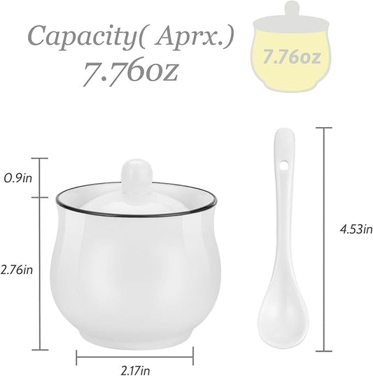 7oz Farmhouse White Ceramic Sugar Bowl with Lid and Spoon Salt Container Jar for Coffee Table Porcelain Condiment Pot for Seasoning with Black Rim