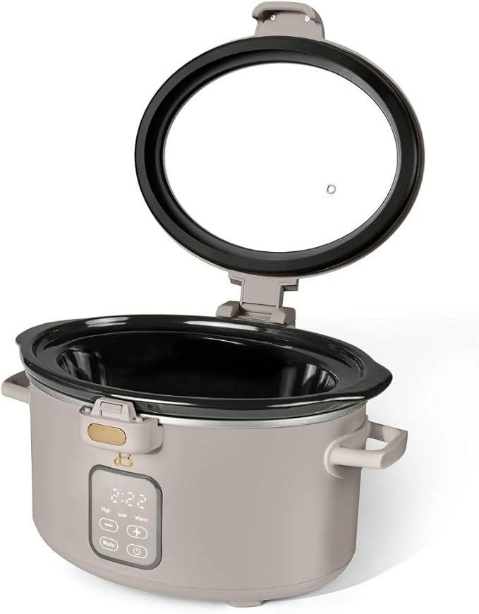 Beautiful by Drew 4.0-Quart Programmable Slow Cooker with Hinged Lid, Digital Timer, Keep Warm Function, Removable Stoneware Pot, Stainless-Steel Accents (Porcine Taupe)