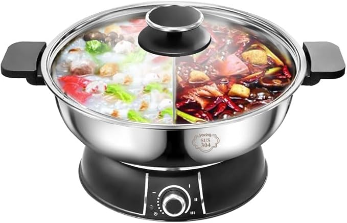 YONGXIN Electric Hot Pot 30cm with Divider 304 Stainless Steel, 1400W Dual-Sided Shabu Hot Pot, 5 Liters (HS-160BU)