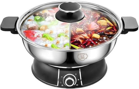 YONGXIN Electric Hot Pot 30cm with Divider 304 Stainless Steel, 1400W Dual-Sided Shabu Hot Pot, 5 Liters (HS-160BU)