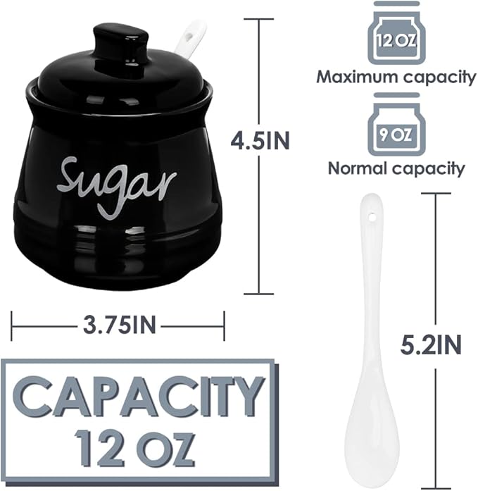 Porcelain Sugar Bowl with Lid and Spoon, 12 Ounces Ceramic Sugar Storage Jar, Sugar Container for Home and Kitchen (Black)