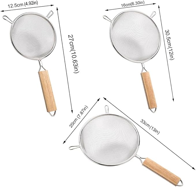3Pcs Stainless Steel Fine Mesh Strainer Set Versatile Long-Handle Sieves for Flour Tea Coffee Oil Filtering(5Inch,6Inch,8Inch)