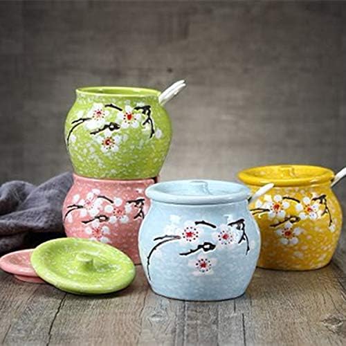 Ceramics Japanese Flower Sugar Bowl Seasoning Pot Salt Storage Jar with Lid Spoon