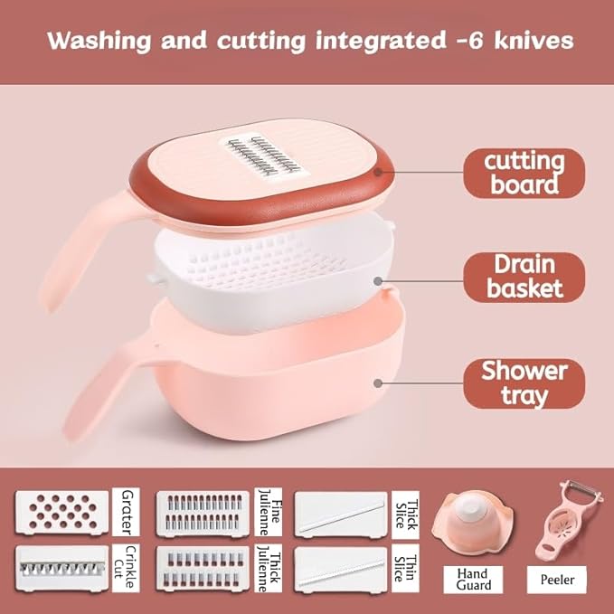 Pink 6-in-1 Vegetable Slicer and Grater with Drain Basket – Multifunctional Kitchen Mandoline Cutter for Slicing, Shredding, Grating – Includes 6 Blades – Wash & Cut Integrated Design