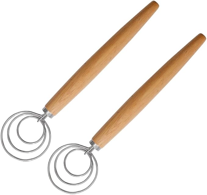 Danish Dough Whisk Set, 2 Pcs 13-Inch Stainless Steel Hook Dutch Hand Mixer with Wooden Handle, Kitchen Tools For Cooking, Sourdough Baking