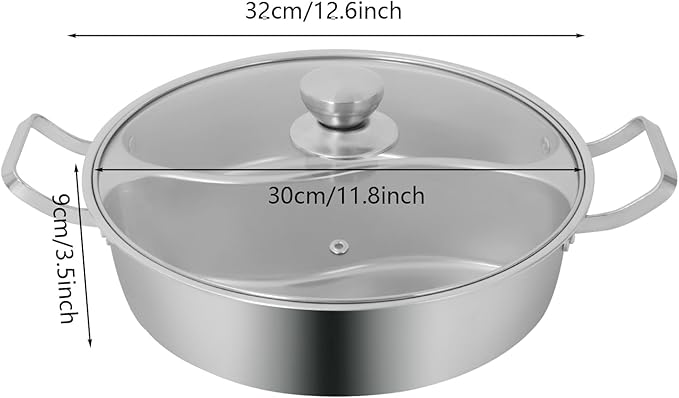 Double-flavor Hot Pot, 5L Stainless Steel Hot Pot with Divider and Clear Lid Divided Stockpot for Gas Hob Induction Hob Electric Ceramic Hob Electric Heater (12.6 * 3.5 inch)
