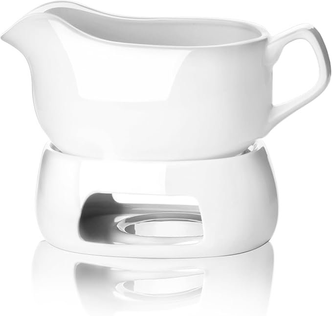 Nucookery Large 20 Oz Gravy Boat with Warmer, White Fine Porcelain Saucier with Big Dripless Lip Spout, Gravy Bowl For Thanksgiving, Warming Sauces, Salad Dressings, Microwave & Freezer Safe(Modern)
