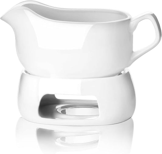 Nucookery Large 18 Oz Gravy Boat with Warmer, White Fine Porcelain Saucier with Big Dripless Lip Spout, Gravy Bowl For Thanksgiving, Warming Sauces, Salad Dressings, Microwave & Freezer Safe(Modern)