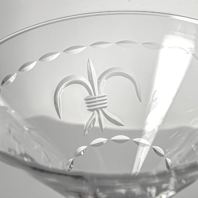 Rolf Glass Fleur De Lis Martini Glass 10 Ounce - Set of 2 Stemmed Martini Glasses - Lead-Free Glass - Diamond-Wheel Engraved Cocktail Glasses - Made in the USA