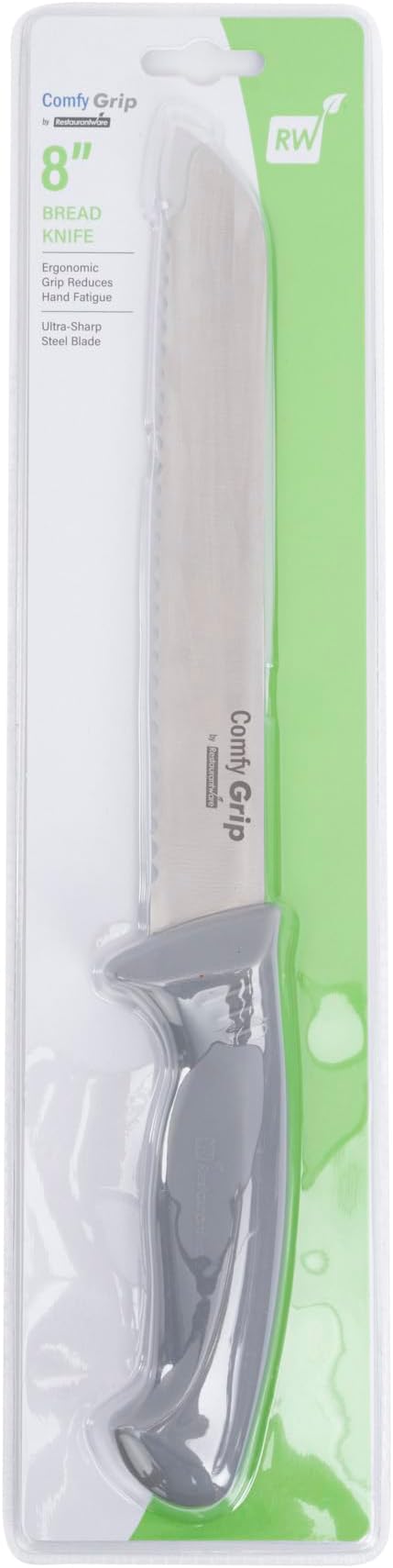 Restaurantware Comfy Grip 8 Inch Bread Knife 1 Sharp Serrated Knife - Ergonomic Handle Non-Slip Grip Gray Stainless Steel Bread Cutting Knife Dishwashable Slice All Types Of Bread