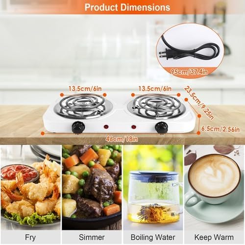 Portable Double Burner Electric Coil Heating Hot Plate Stove Countertop RV Hotplate Temperature Controls Easy to Clean 2000W