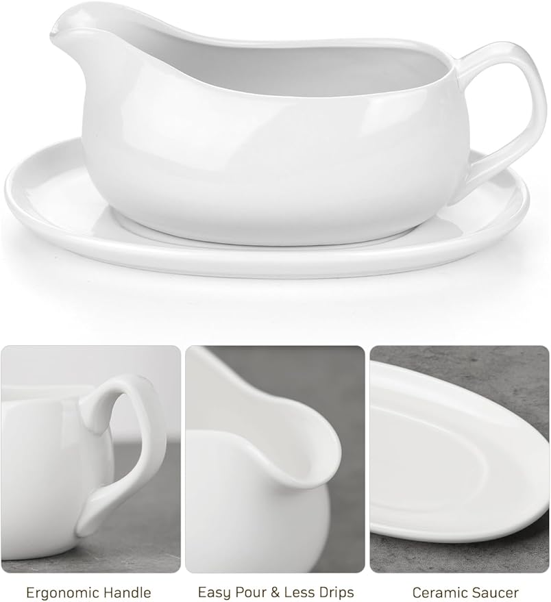 Gurygo Gravy Boat and Tray - 14oz Fine Porcelain Sauce & Salad Dressing Boat -Ceramic Sauce Boat for Gravy, Salad Dressings, Microwave & Freezer Safe (White)