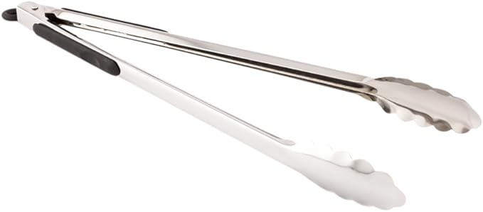 Restaurantware Met Lux 16 Inch x 3.5 Inch Kitchen Tongs 1 With Rubber Grip Serving Tongs - Non-Slip Scalloped Edges Silver Stainless Steel Tongs For Cooking For Cooking And Serving