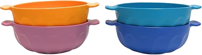Mintra Home Unbreakable Plastic Bowl 4pk - Shatterproof, BPA Free, Reusable, Party Cups, BBQ, Colorful Set, indoors and outdoors (Lavender, Dark Blue, Turquoise, Saffron Small with Handles - 550ml)