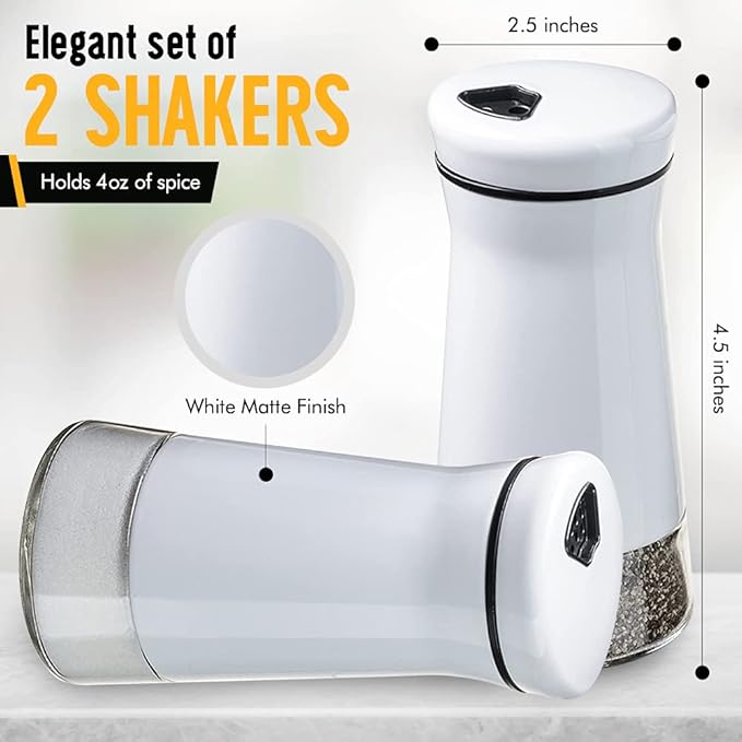 The Original Salt and Pepper Shakers set - White- Spice Dispenser with Adjustable Pour Holes - Stainless Steel & Glass - Set of 2 Bottles
