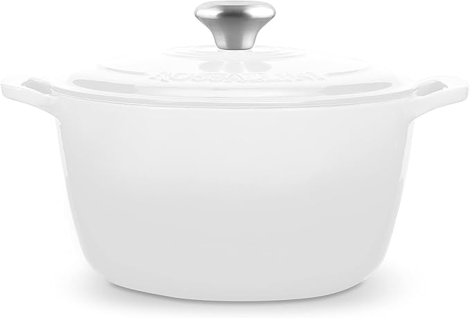 ROSSALLINI Signature Enameled Cast Iron Dutch Oven, Non-Stick Serving Pot with Tight Fitting Lid for Perfect Roasting, Baking, Sauteing, and Bread Making | 10Q (9.5L) - White