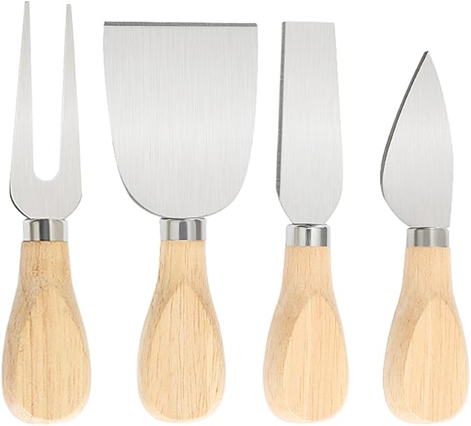 Charcuterie Accessories, 4 PCS Cheese Knives Set with Wood Handle, Stainless Steel Cheese Slicer/Cheese Cutter (Cheese Knife, Shaver, Fork and Spreader) for Charcuterie Board Accessories