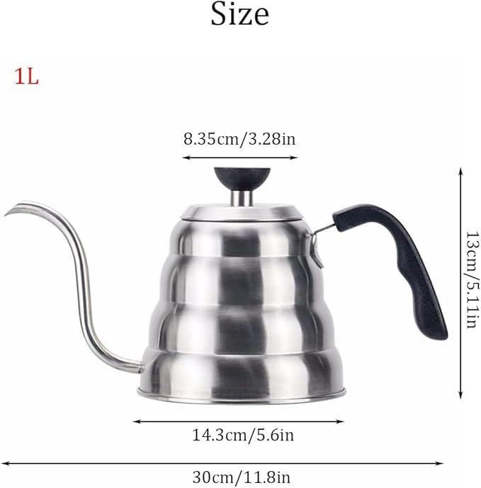 LEIYTFE Gooseneck Kettle,Coffee Pot Tea Pot,Pour Over Drip Kettle,Long Narrow Spout 33oz/40oz Coffee Kettle for Home Brewing Coffee Tea (Color : Silver, Size : 1L+Thermometer)