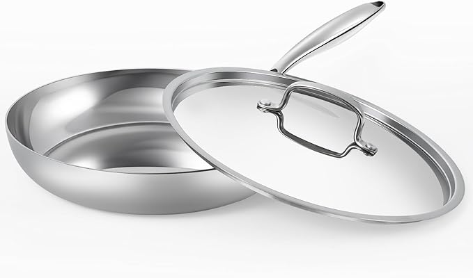 USELUCK 12 Inch Stainless Steel Frying Pan with Lid, 3-Ply Stainless Clad Skillets Fry Pan Fast & Even Heating, Oven Safe Up to 600℉ Dishwash Safe Compatible for All Cooktops Kitchen Cookware