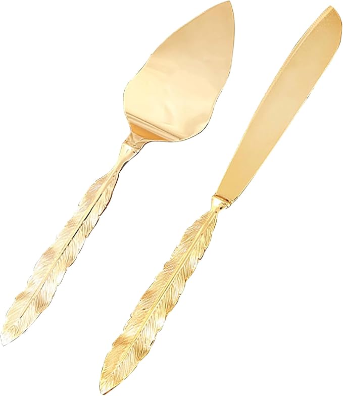 European Style Gold Cake Knife Server Set, Feather Handle, Wedding Cake Cutting Set, Polished Silver