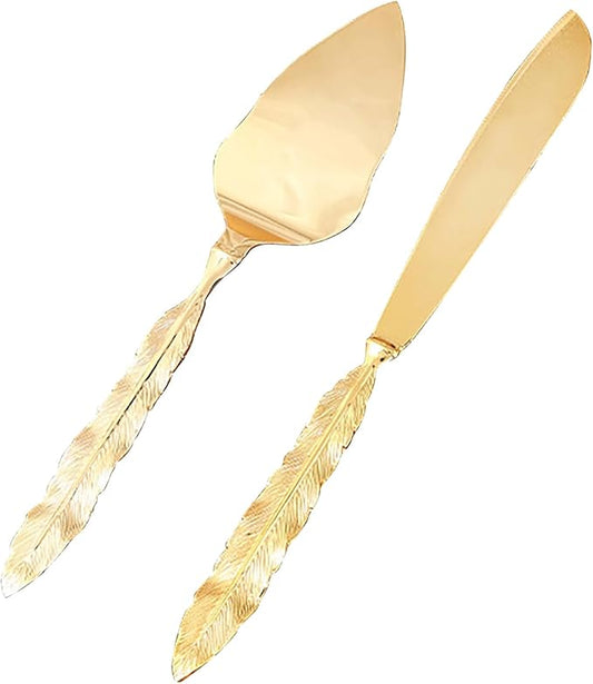 European Style Gold Cake Knife Server Set, Feather Handle, Wedding Cake Cutting Set, Polished Silver