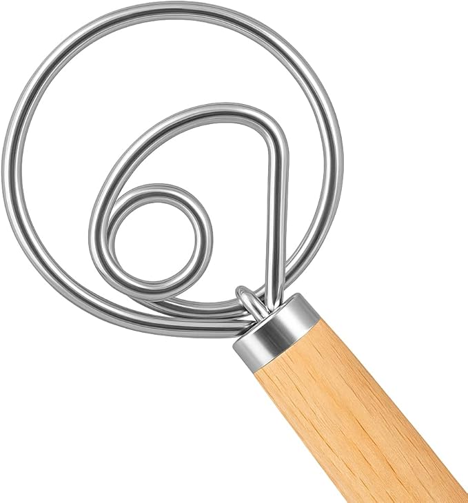 O'Creme Danish Dough Whisk - One Eye Stainless Steel Bread Mixer with Wooden Handle - Sourdough Whisk for Baking Dough, Pizza, Pastries - Food-Grade, Dishwasher Safe