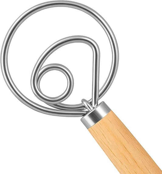 O'Creme Danish Dough Whisk - One Eye Stainless Steel Bread Mixer with Wooden Handle - Sourdough Whisk for Baking Dough, Pizza, Pastries - Food-Grade, Dishwasher Safe