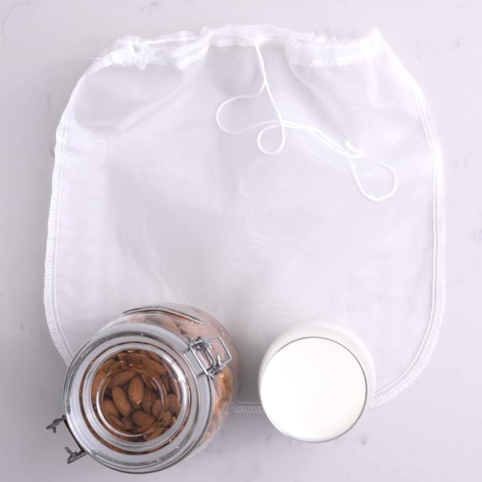 Reusable Nut Milk Bag & All Purpose Food Strainer, Filter, Fine Mesh Nylon, Use for Nut Milks, Juices, Yogurt, Cold Brew 12x12"