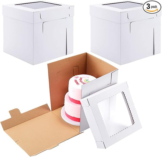 Huoshange Tall Cake Boxes for Tier Cakes,12x12x12 Inch [3 Pack ] Thick Sturdy Bakery Box with Window,White Wedding Cake Boxes,Layer Cake Carrier,Disposable Cake Containers