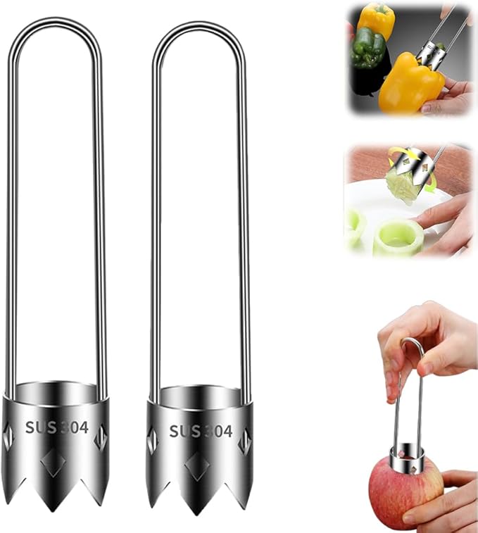 Multifunctional Fruit And Vegetable Core Remover,Red Bell Pepper Seed Corer Universal Stainless Steel Fruit Core Remover,Bell Pepper Corer Cutter Tool for Kitchen Gadget (2, Silver)