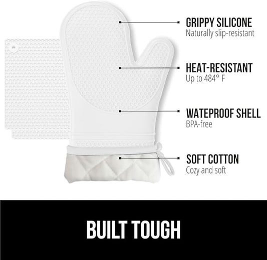 GORILLA GRIP BPA-Free Soft Silicone Oven Mitts and Pot Holders Sets of 4, Heat Resistant Waterproof Cooking Gloves, Thick Cotton Lining, Flexible Gripping for Baking Grilling, Kitchen Trivets, White