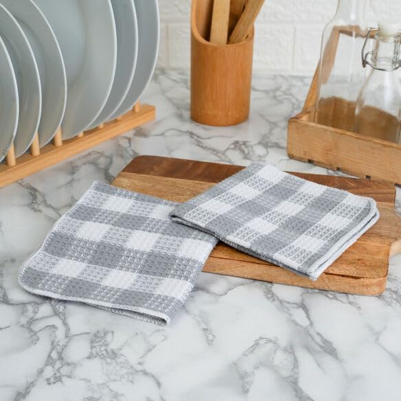 Blue Needles Waffle Weave Check Plaid Dish Cloths, 12x12 Inches 100% Cotton Set of 8 Dish Towels for Kitchen, Ultra Soft & Absorbent Kitchen Towels for Quick Drying Spring Summer - Ash Grey & White