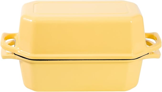 Flavehc Bread Pan Cast Iron Loaf Pan with Lid Bread Loaf Pan 9x5 Inch Loaf Pan Enameled Cast Iron Sourdough Loaf Pan, Yellow