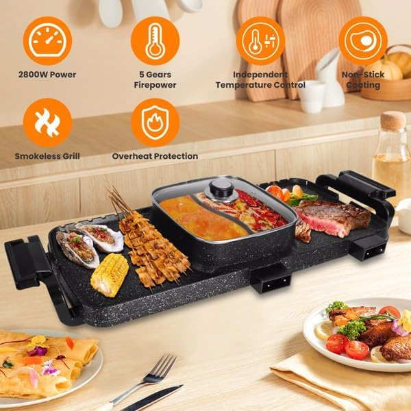 2-in-1 Hot Pot with Grill, Electric Hot Pot BBQ Grill, Removable Hotpot Pot, 2800W/Large Capacity, Power Separate