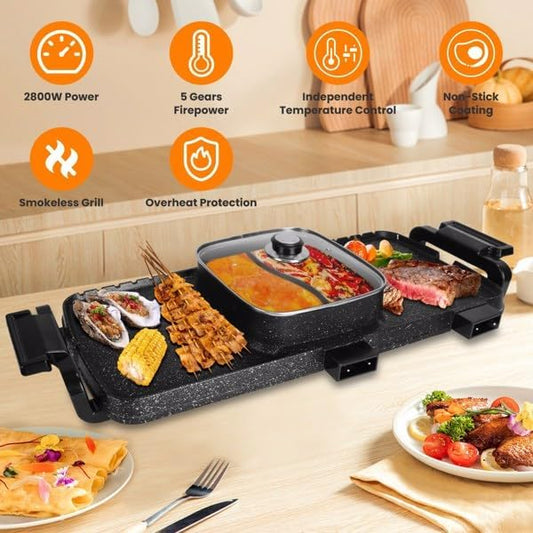 2-in-1 Hot Pot with Grill, Electric Hot Pot BBQ Grill, Removable Hotpot Pot, 2800W/Large Capacity, Power Separate