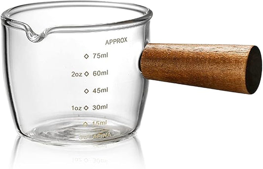 Mwellewm Single Spout Espresso Coffee Shot Glass with Wood Handle Measuring Cup Triple Pitcher Milk Cup Coffee Replacement Carafe for Barista Coffee Carafe Milk Espresso Making, 75 ml (1 Piece)