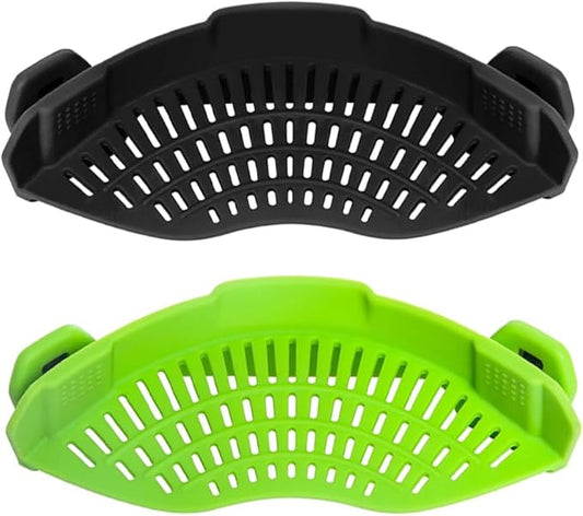 Clip‑On Pot Strainer Silicone Black + Green Dishwasher‑Safe Side‑Mount Design 9.4×4.6×2.5 Inches | Snap Drain Colander for Pans Bowls Skillets | Heat‑Resistant Kitchen Gadget Splash‑Guard
