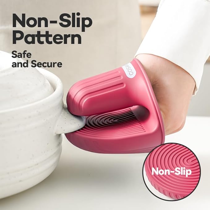 Cosamtec Silicone Oven Mitts Heat Resistant Mini Oven Gloves and Pot Holders Set for Kitchen Non Slip Waterproof Pinch Grips for Cooking and Baking Set of 2