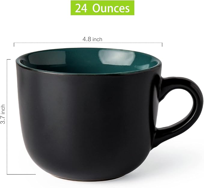 GBHOME Jumbo Soup Mugs with Handles, 24 Oz Large Coffee Mugs Set of 4, Ceramic Soup bowls for Coffee,Cereal,Snacks,Salad,Noodles etc Soup Cups,Microwave&Dishwasher safe-Green Inside