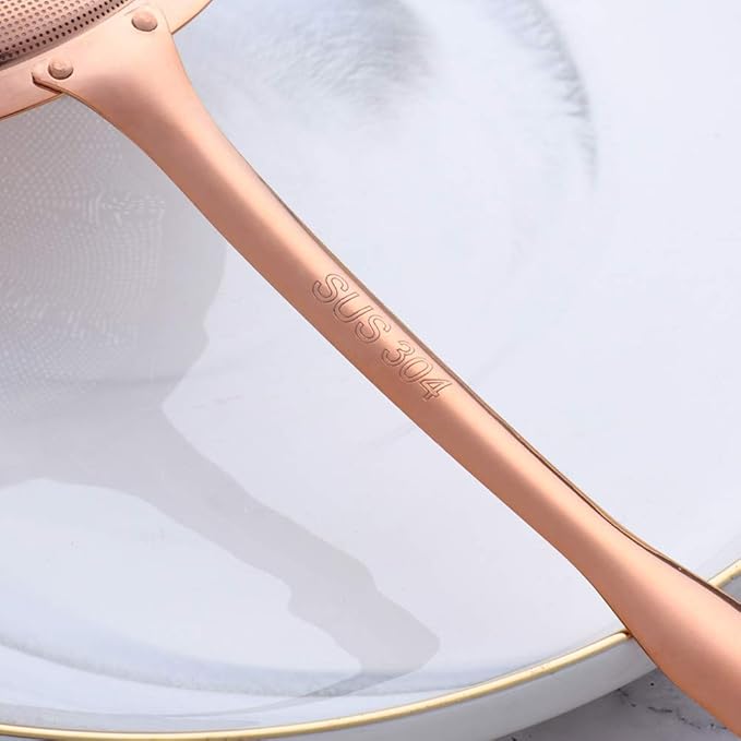 Set of 2 Food Strainers Fine Mesh, Mingcheng 304 Stainless Steel Hot Pot Fat Skimmers for Cooking Grease Gravy and Foam with Long Handle, Small(Dia 3.54in) and Large(Dia 4.53in) Size Rose Gold