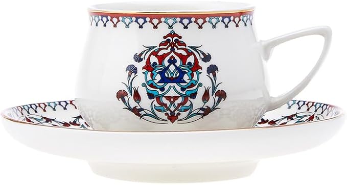 KARACA Nakkas Turkish Coffee Cup Set of 6, (12 Piece) White Cups with Saucers - 3.3 fl oz Small Porcelain Espresso Set - Ideal for Serving Greek, Arabic Coffee