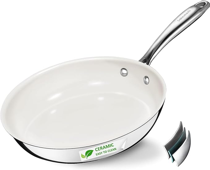 SAKAMOSH 9.5 Inch Nonstick Ceramic Frying Pan, Tri-Ply Stainless Steel Skillet with Stay-Cool Handle, PFAS/PFOA/PTFE Free, No Seasoning Required, High Heat & Induction Safe, Dishwasher/Oven Safe