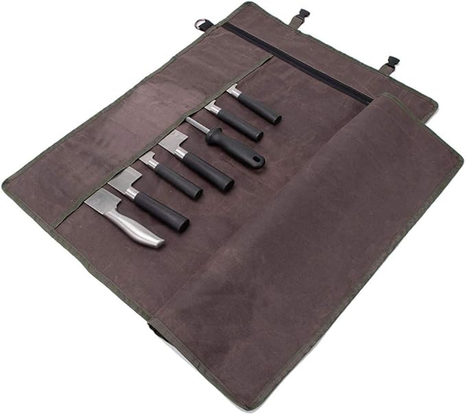 Chef’s Knife Roll Bag,Waxed Canvas Knife Cultery Carrier, Portable Chef Knife Cases,Knife Pouch Holders With 10 Slots Plus 1 Zipper Pockets Can Hold Home Kitchen Knife Tools Up To 18.8”