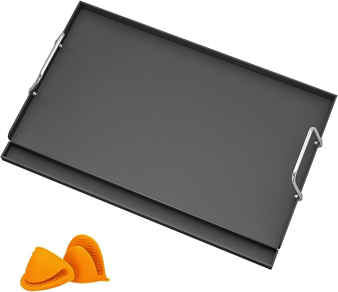 25" x 16" Cast Iron Griddle for Gas Grill, Universal Flat Top with Nano-Ceramic Nonstick Coating, Grease Groove and High Sidewalls, Griddle Plate Insert for Camping, Tailgating and Parties
